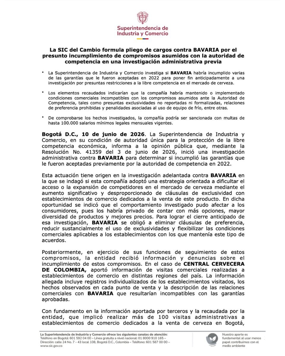 La Superintendencia de Industria y Comercio (SIC) formuló un pliego de cargos contra Bavaria por el presunto incumplimiento de los compromisos que la cervecera había asumido en 2022 para cerrar de manera anticipada una investigación sobre restricciones a la libre competencia en el mercado colombiano de la cerveza - crédito @sicsuper/X