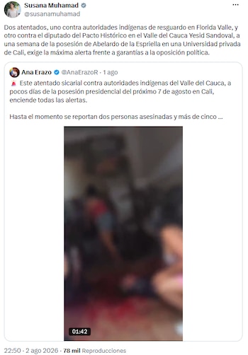 Susana Muhamad pidió máxima alerta tras ataques a líderes indígenas y del Pacto Histórico en el suroccidente colombiana - crédito @susanamuhamad/X