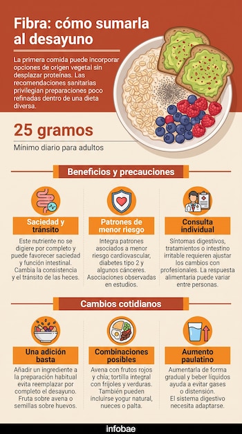 Infografía explicativa con la ilustración de un plato de avena, frutas rojas, tostadas con palta y seis cuadros informativos con íconos.