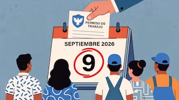 Una mano entrega un documento de permiso de trabajo con un escudo a cinco personas que miran un calendario que muestra "SEPTIEMBRE 2026" y el número 9.