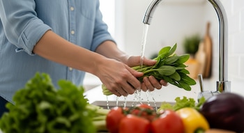 Manos de una persona lavan hojas verdes bajo el grifo de una cocina. En primer plano, se ven tomates, pimientos y una berenjena sobre una superficie.