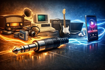 Un conector jack de audio en primer plano, flanqueado por una radio antigua, gramófono, computadora vintage, walkman, guitarra, laptop y smartphone.