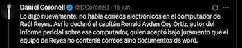 Publicación del periodista Daniel Coronell en X, donde aseguró que en el computador de alias Raúl Reyes no había correos electrónicos, sino documentos de Word, citando el informe pericial de la Dijín - crédito Daniel Coronell/X