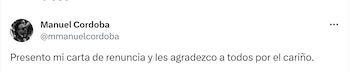Manuel Córdoba renunció a la