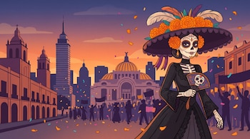 Catrina con vestido negro, sombrero con flores de cempasúchil y abanico frente a una multitud y edificios de la Ciudad de México.
