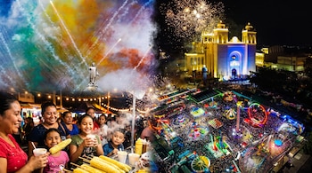 Collage de personas comiendo elotes y atol, el Monumento al Salvador del Mundo, la Catedral Metropolitana de San Salvador y una feria nocturna con juegos mecánicos y fuegos artificiales.