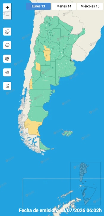 Mapa de Argentina con alertas meteorológicas en tonos verde y amarillo, con iconos de fenómenos meteorológicos y fechas para lunes, martes y miércoles