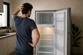 Un hombre de espaldas con la mano en la cabeza contempla un refrigerador abierto y completamente vacío en una cocina.