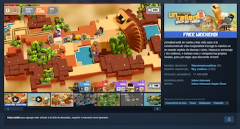 Captura de pantalla de un videojuego que muestra un tren en vías, personajes, árboles, agua, un gran gusano marrón y el logo de Unrailed! 2