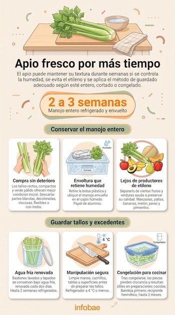 Infografía con ilustraciones de tallos de apio, frutas, un recipiente con agua, una tabla de cortar y recuadros explicativos.