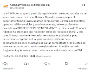 Captura de pantalla de un tuit de la Agencia Provincial de Seguridad Vial informando la suspensión de la licencia de conducir de Oscar Dolzani