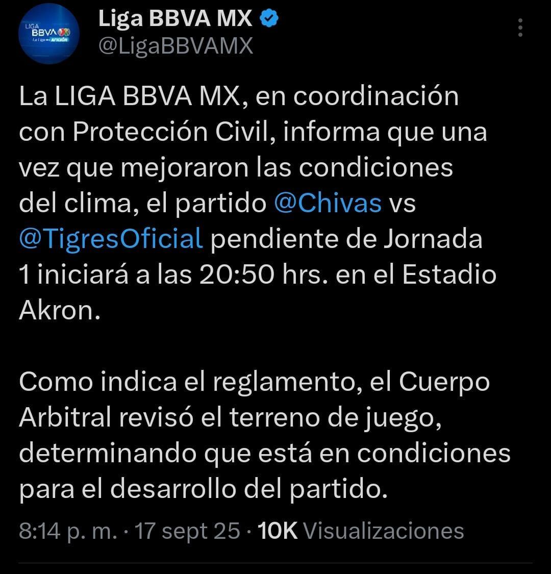 La liga MX informó que el partido entre Chivas y Tigres iniciará en punto de las 8:50 pm.