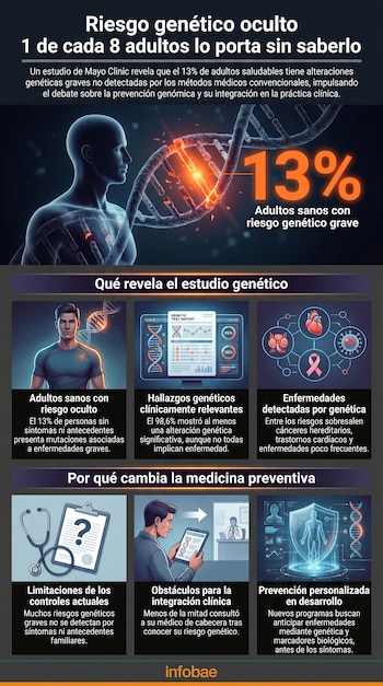 Infografía en tonos oscuros con una silueta humana y una hélice de ADN brillante, mostrando el 13% de adultos con riesgo genético grave, y paneles explicativos sobre hallazgos y prevención.