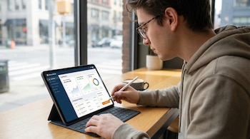 Joven con gafas y sudadera revisando gráficos y datos financieros en una tableta, sentado junto a una ventana en una cafetería moderna.