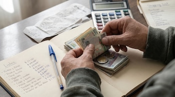 Primer plano de una mano femenina contando billetes de quetzales y monedas. Hay un cuaderno de gastos, una calculadora y recibos con precios modificados.