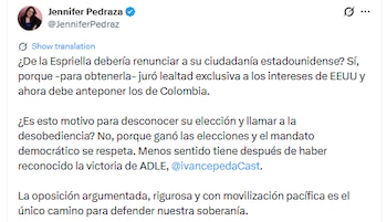 Jennifer Pedraza se pronunció sobre el llamado a la desobediencia civil de Iván Cepeda - crédito @JenniferPedraz/X