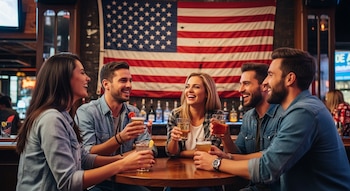 Cuatro amigos caucásicos, dos mujeres y dos hombres, sentados en un bar con bebidas en vasos, riendo frente a una bandera de Estados Unidos en la pared.