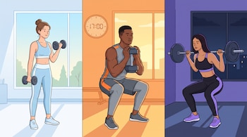 Tres personas que entrenan con mancuernas y pesas en tres secciones verticales que representan la mañana, la tarde y la noche.