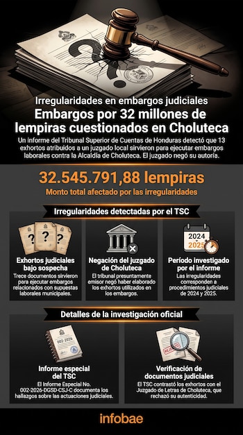 Mazo de juez sobre documentos judiciales con un signo de interrogación. Gráfico de datos con texto y varios iconos relacionados a un informe judicial.
