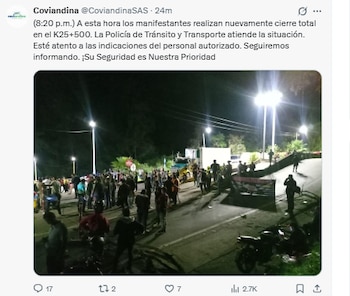 Reporte del estado del bloqueo en la Vía al Llano - crédito @CoviandinaSAS/X