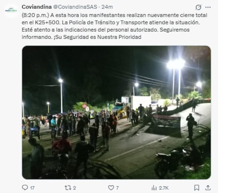 Reporte del estado del bloqueo en la Vía al Llano - crédito @CoviandinaSAS/X