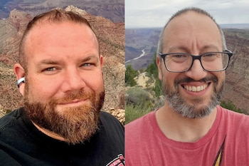 Dos retratos en paralelo de dos hombres con barba que sonríen con el paisaje rocoso del Gran Cañón de fondo