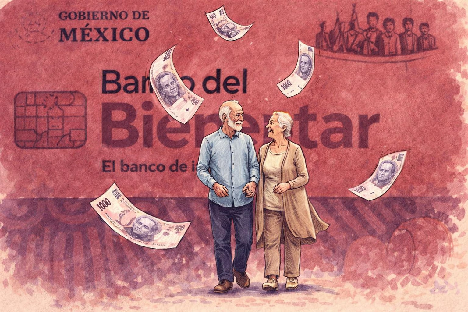 Ilustración de una pareja de adultos mayores sonriendo y tomados de la mano, con billetes de 1000 pesos cayendo, y los logotipos del Gobierno de México y Banco del Bienestar de fondo. (Imagen Ilustrativa Infobae)