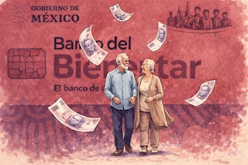 Dibujo en tono rojizo de pareja de adultos mayores tomados de la mano, sonriendo. Billetes de 1000 pesos caen. Fondo con logos "GOBIERNO DE MÉXICO" y "Banco del Bienestar".