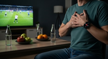 Hombre con camiseta verde y jeans, manos en el pecho, smartwatch con pulso elevado. Mesa con frutas y agua. Al fondo, TV con partido de fútbol.