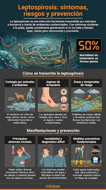 Infografía detallada sobre leptospirosis, mostrando ilustraciones de la bacteria, contagio por animales, síntomas en humanos y métodos de prevención con equipo protector.