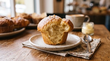Un muffin de pan de leche sobre un plato de cerámica, una cuchara y una taza de café sobre una mesa de madera.