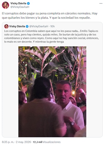 Vicky Dávila exigió sanción social y penas severas para la corrupción en Colombia -crédito @VickyDavilaH/X