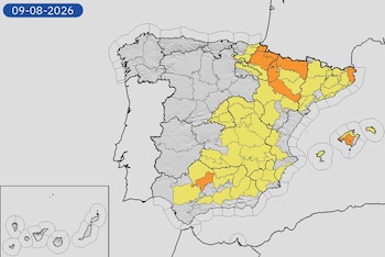 Mapa de alertas meteorológicas para este domingo, 9 de agosto de 2026. (Aemet)