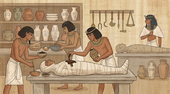 Ilustración que muestra a cuatro embalsamadores egipcios trabajando sobre un cuerpo momificado; hay un segundo cuerpo en una mesa y varios utensilios en estanterías.