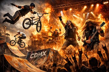 Composición vibrante con riders de BMX realizando acrobacias en rampas, una banda de heavy metal tocando en un escenario y una multitud animando, todo entre llamas y explosiones.