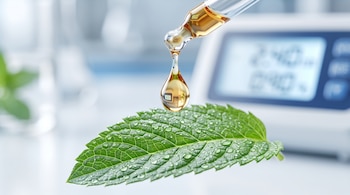 Una gota dorada cae de una pipeta de vidrio sobre una hoja verde de menta cubierta de gotas de agua en un laboratorio.