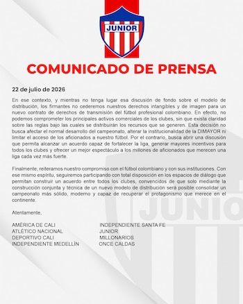 El vigente campeón del fútbol colombiano también se mostró en desacuerdo con el anuncio de la repartición de los derechos de TV-crédito Junior