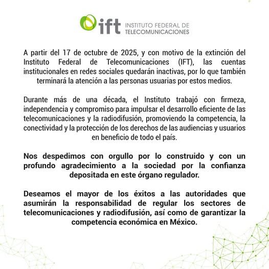 Mensaje de cierre del Instituto Federal de Telecomunicaciones. Foto: FB/IFT