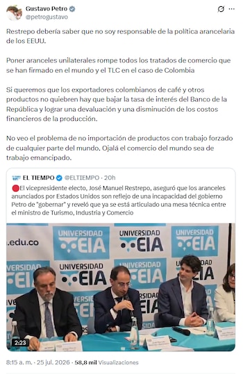 El presidente de la República criticó la medida de su homólogo estadounidense, Donald Trump, que incumple lo establecido en el Tratado de Libre Comercio firmado con Colombia en 2005 y entró en vigencia en 2012 - crédito @petrogustavo/X