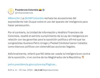 La presidencia indicó que la Uiaf rechaza las afirmaciones de Iván Duque y aseguró que Petro y Piedad Córdoba sí fueron perseguidos cuando eran opositores - crédito captura de pantalla