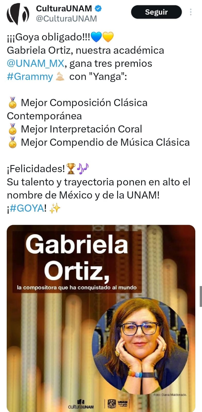 Cultura UNAM celebró en X (antes Twitter) el triunfo de la docente en la pasada ceremonia de los Grammy. (X)