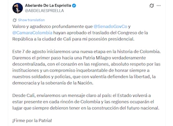 De la Espriella agradeció el traslado del Congreso a Cali, en el Valle del Cauca para el evento de posesión presidencial - crédito @ABDELAESPRIELLA/X