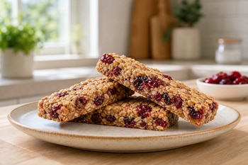 Tres barritas de avena y arándanos rojos apiladas sobre un plato cerámico en una mesa de madera dentro de una cocina.