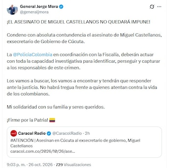 El ministro de Defensa, Jorge Mora, se solidarizó con la familia de Miguel Castellanos, líder asesinado en Cúcuta (@generaljmora/X)