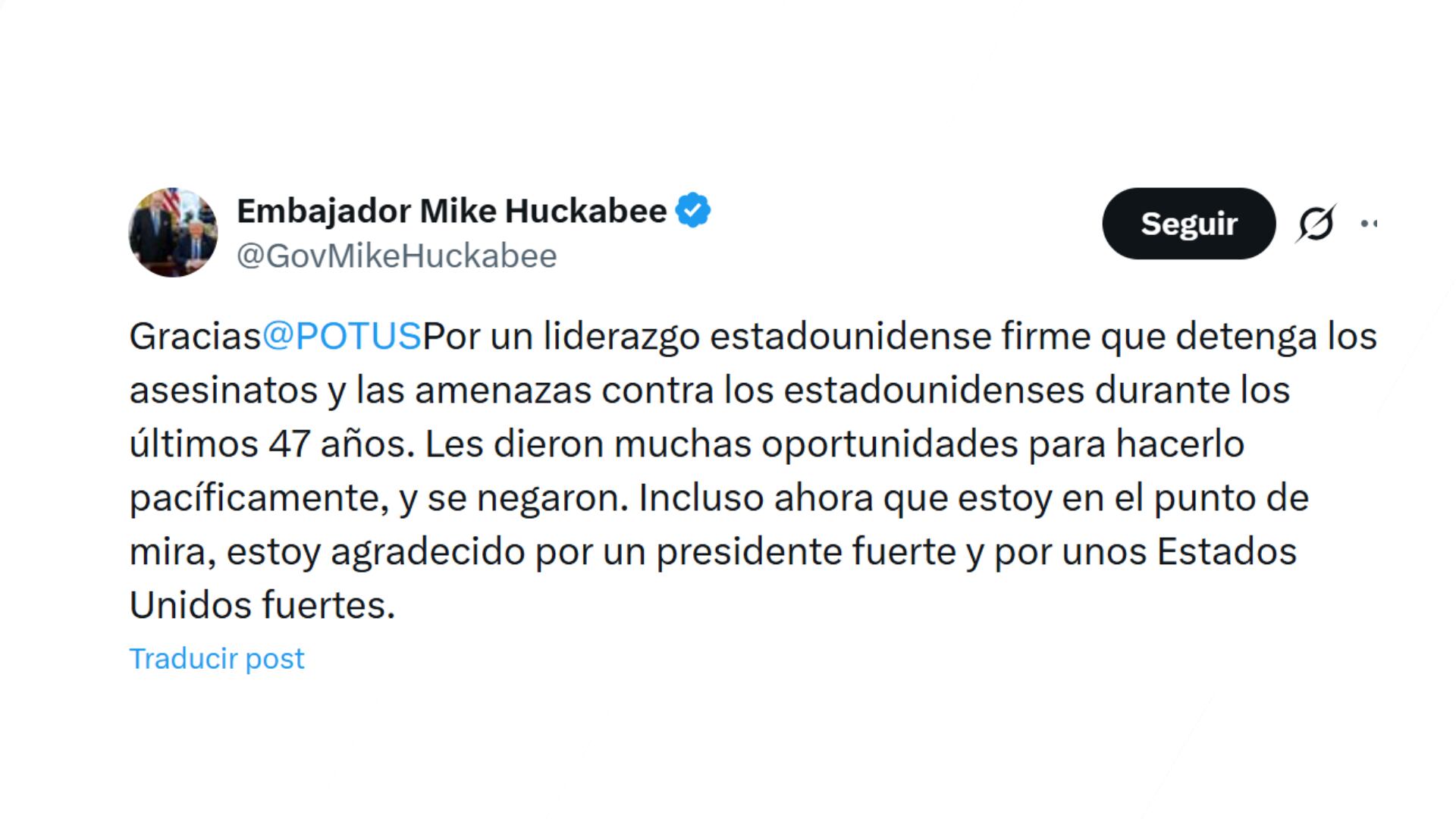 El comentario de Mike Huckabee vía X