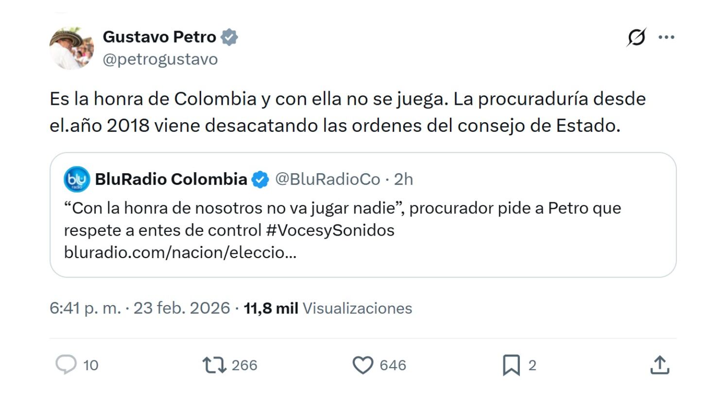 En su mensaje en X, el presidente Gustavo Petro le respondió a Gregorio Eljach, procurador General, y pidió acciones frente a lo que sería, según él, las denuncias de fraude - crédito @petrogustavo/X