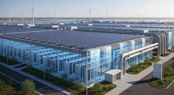 Edificio de centro de datos de Google con paneles solares, paredes de cristal que muestran servidores azules brillantes, agua cayendo en cascada y turbinas eólicas lejanas.