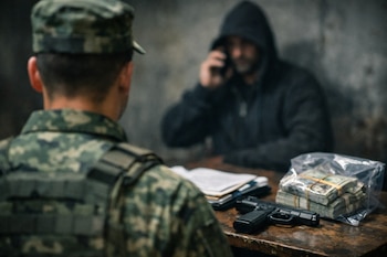 Un hombre con uniforme militar de espaldas a la cámara; al fondo, un hombre encapuchado habla por teléfono. Una pistola, documentos y dinero en efectivo están sobre la mesa.