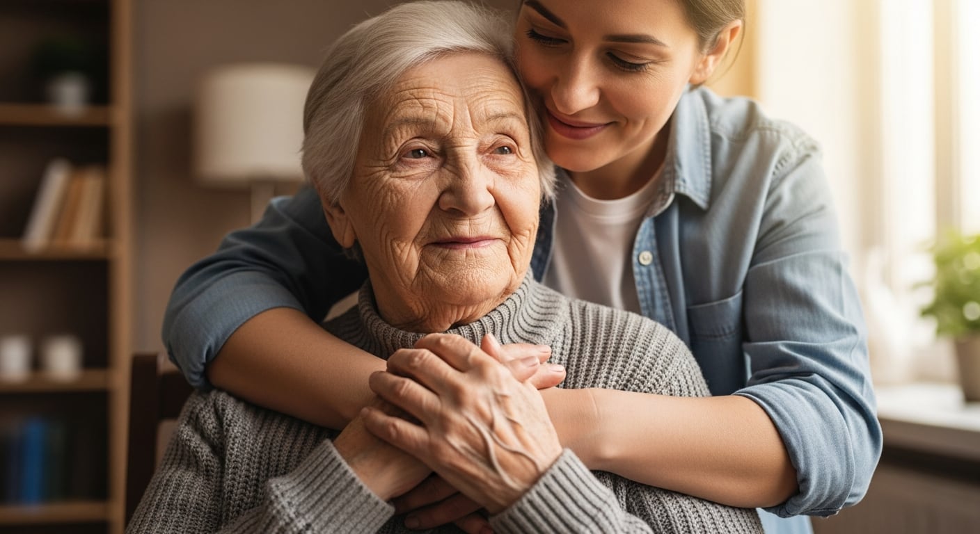Una mujer joven abraza por detrás a una persona mayor de 70 años, que observa el entorno en un interior hogareño y luminoso. (Imagen Ilustrativa Infobae)