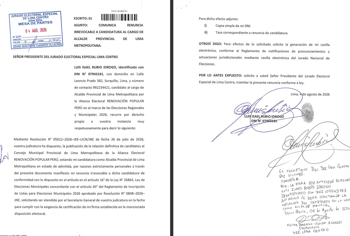 Luis Rubio presenta su renuncia irrevocable a la candidatura para Alcalde Provincial de Lima Metropolitana ante el Jurado Electoral Especial de Lima Centro en agosto de 2026.